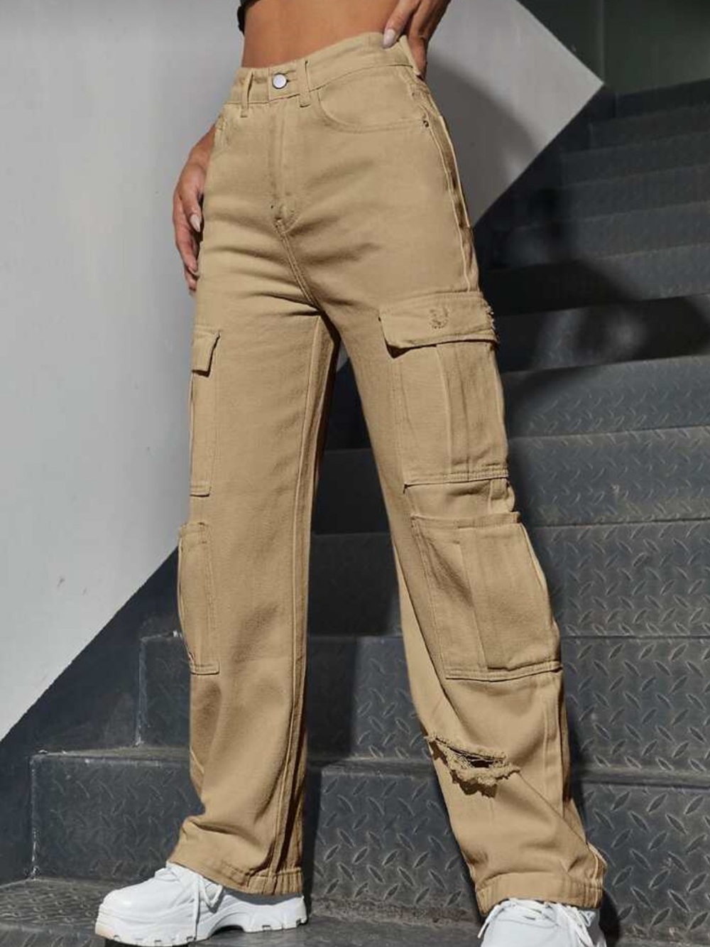 Beige Distressed Cargo Pants